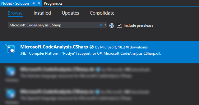 安装 Microsoft.CodeAnalysis.CSharp