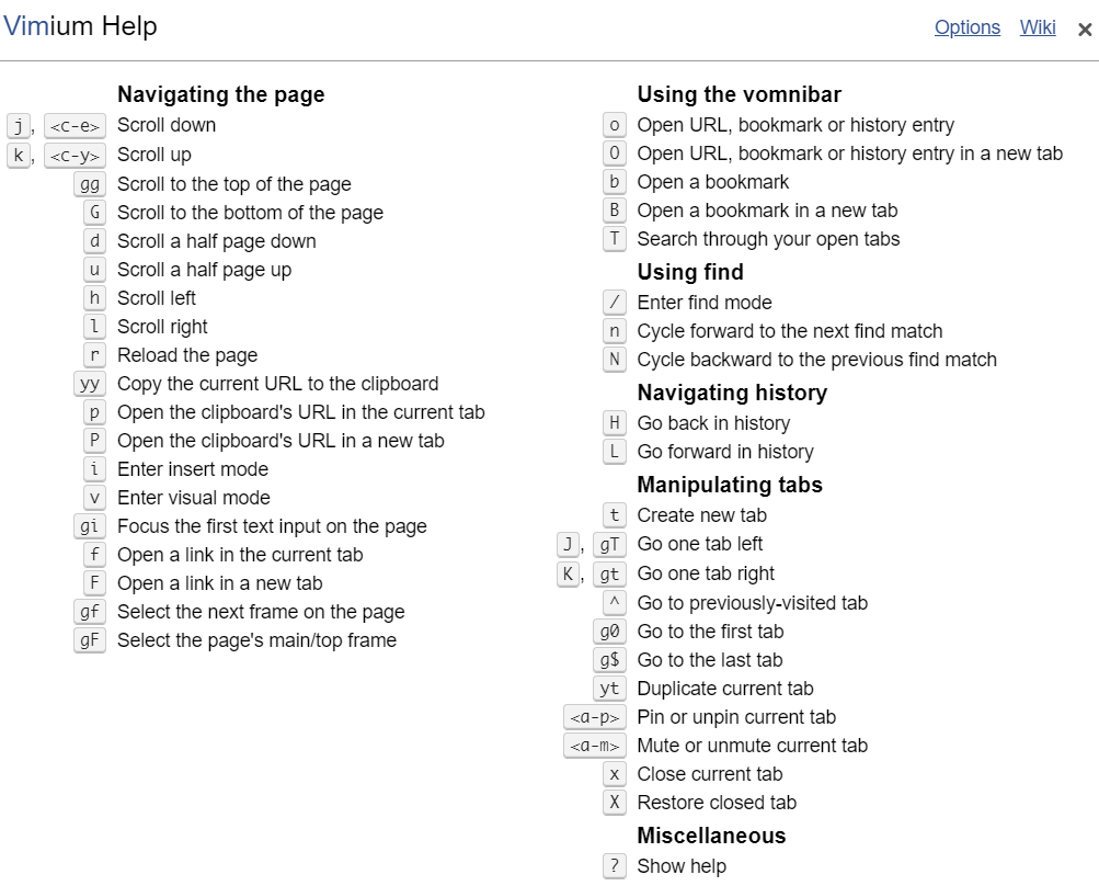 按下 ? 可以打开 Vimium 的帮助页面