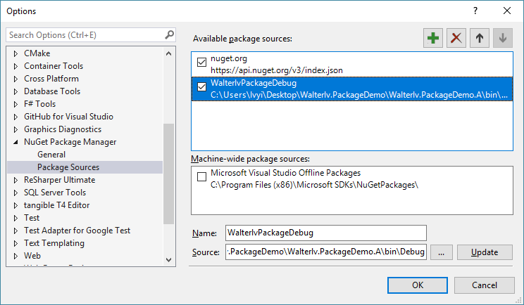 添加调试用的 NuGet 源