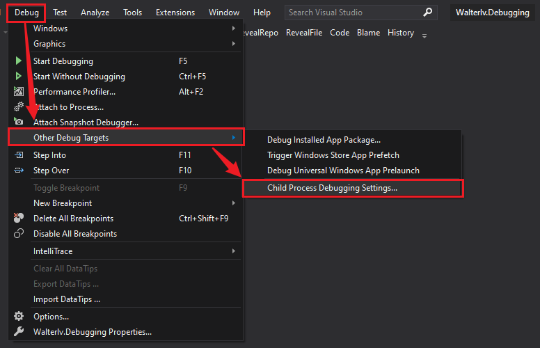 打开 Child Process Debugging Settings