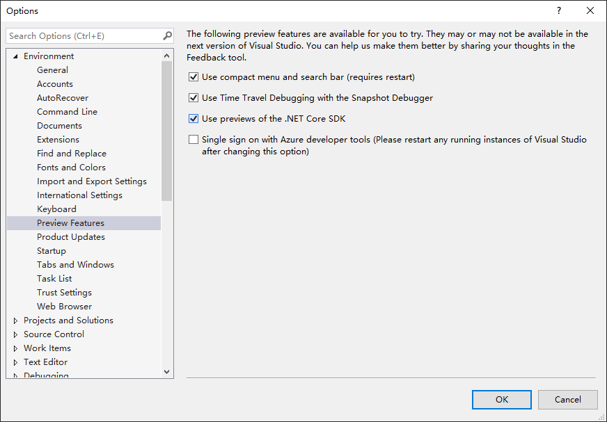 Option location of Visual Studio 2019 16.1