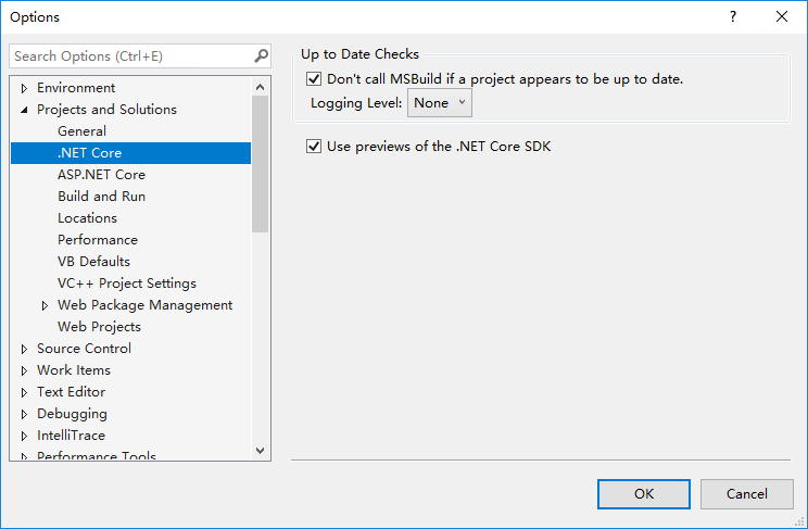 Option location of Visual Studio 2019 16.0