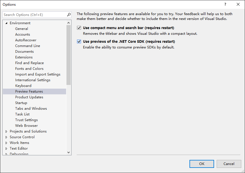 Option location of Visual Studio 2019 16.2